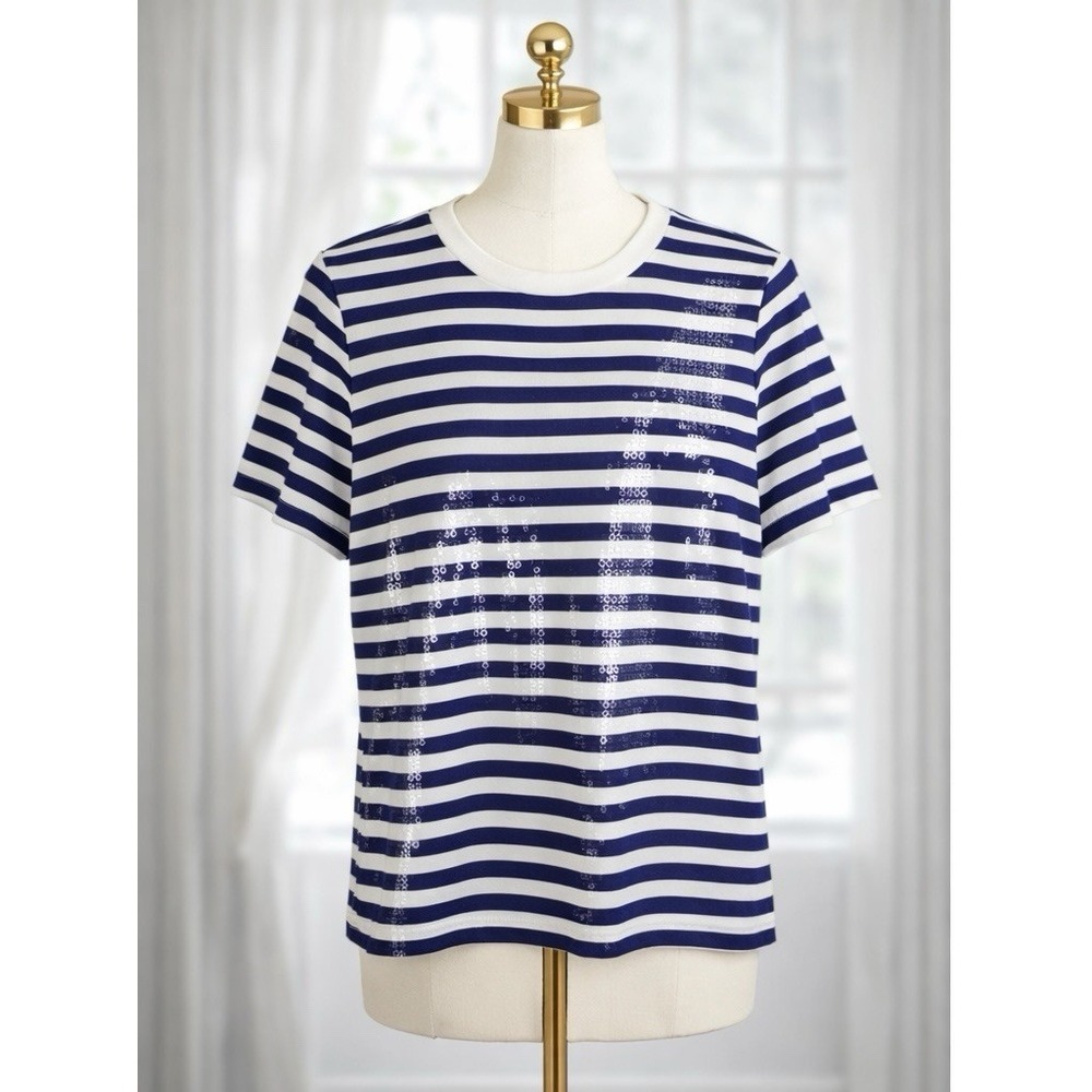 Brooks Brothers‎ Red Fleece Sequin White Navy Sea Striped Top Tee Coastal Size S